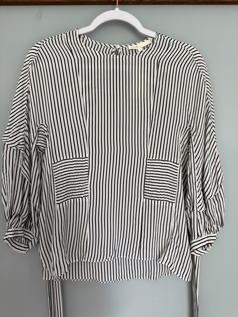 NWT Maje "Loxy" Reyure Black White Stripe Tie Waist Ruffle Sleeve Blouse
